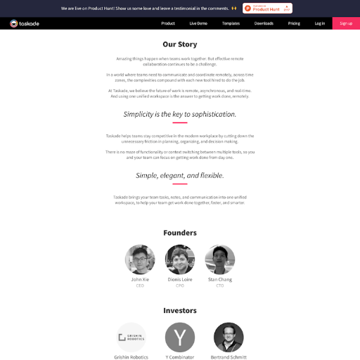 Taskade About Us Page Design