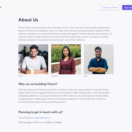 Trainn About Us Page Design