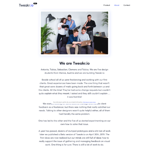 Tweakr About Us Page Design